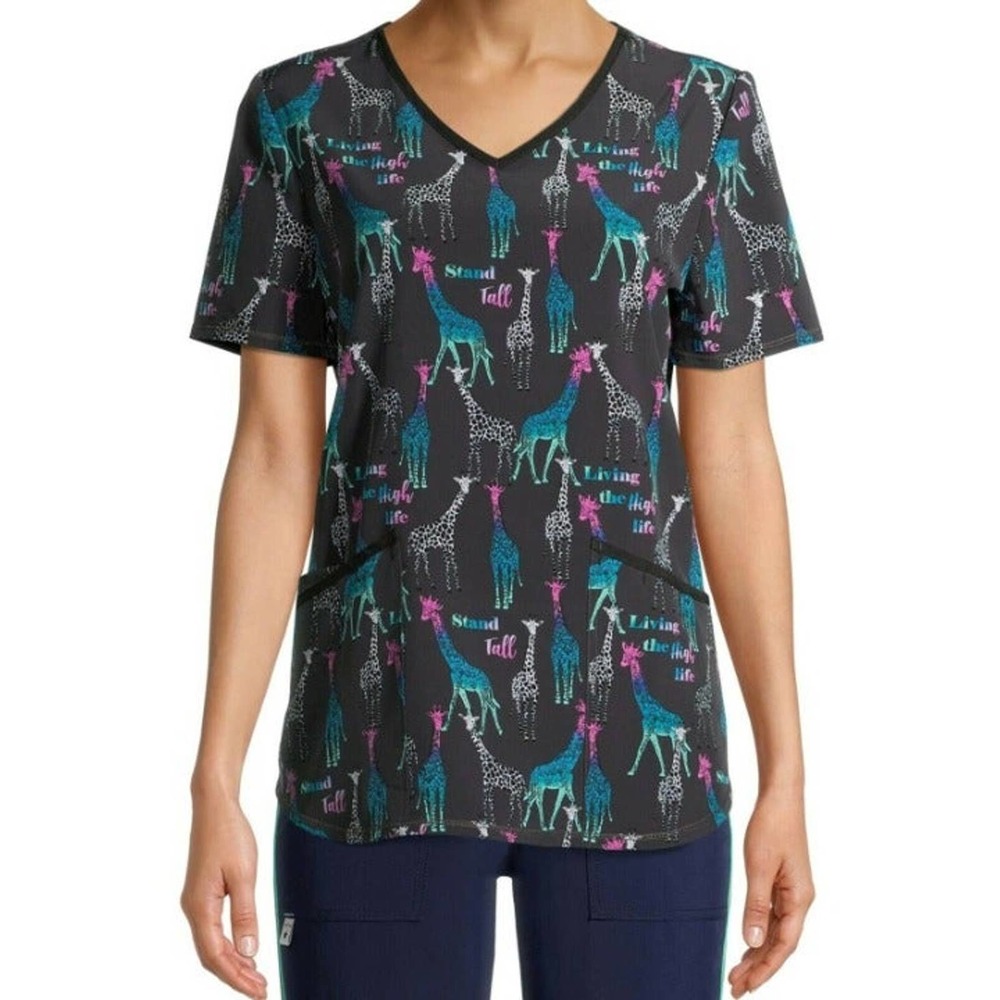 2XL Scrubstar Women's Stand Tall V-Neck Giraffe Print Scrub Uniform Top nurse
